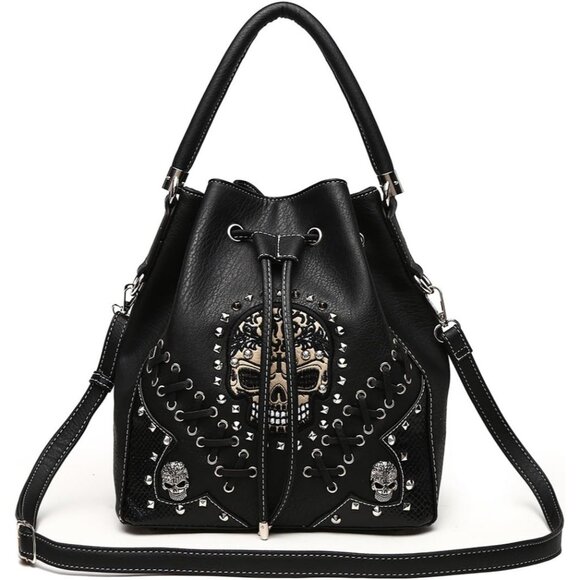 Punk Gothic Rock Skull Leather Shoulder Bag Wallet Set for Women - Picture 2 of 7